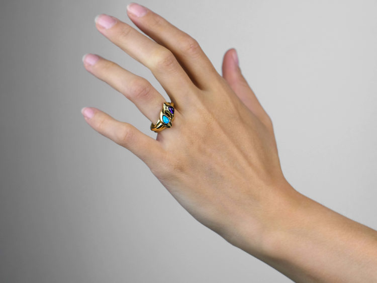 Victorian 18ct Gold Double Snake Ring set with a Turquoise & an Amethyst with Diamond Eyes