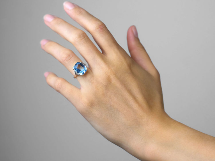 Art Deco 14ct White Gold, Aquamarine & Diamond Ring