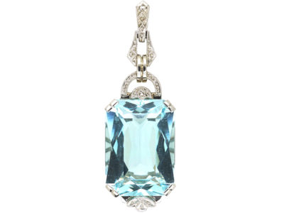 Art Deco 14ct White Gold Aquamarine & Rose Diamond Pendant