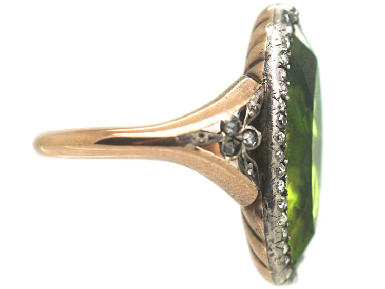 French Belle Epoque 18ct Gold, Peridot & Rose Diamond Marquise Ring