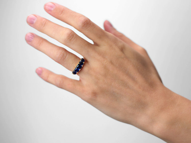 Victorian 18ct Gold Five Stone Sapphire & Rose Diamond Carved Half Hoop Ring
