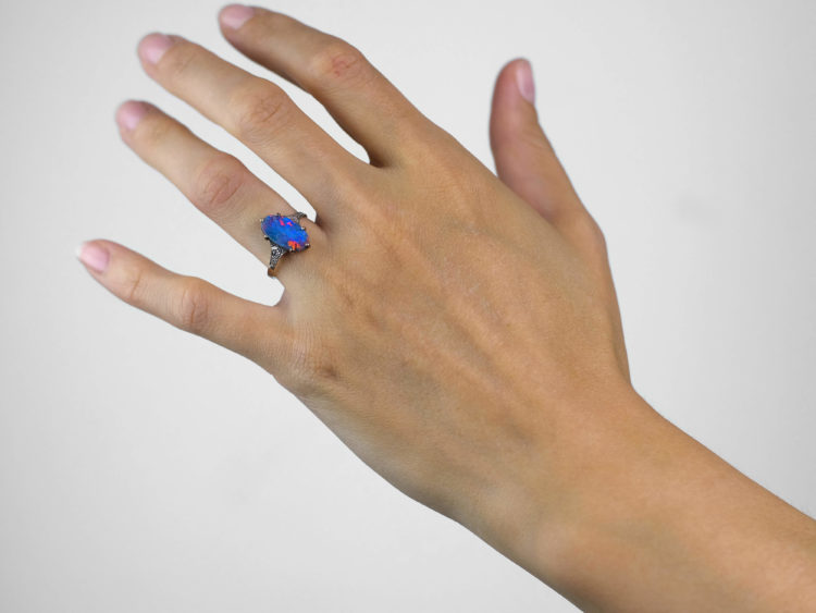 Art Deco Opal Doublet & Diamond Ring