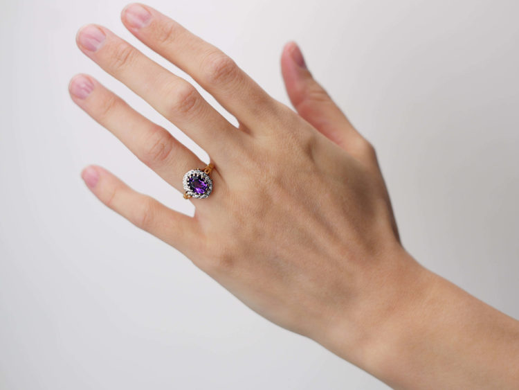 18ct Gold, Amethyst & Diamond Cluster Ring