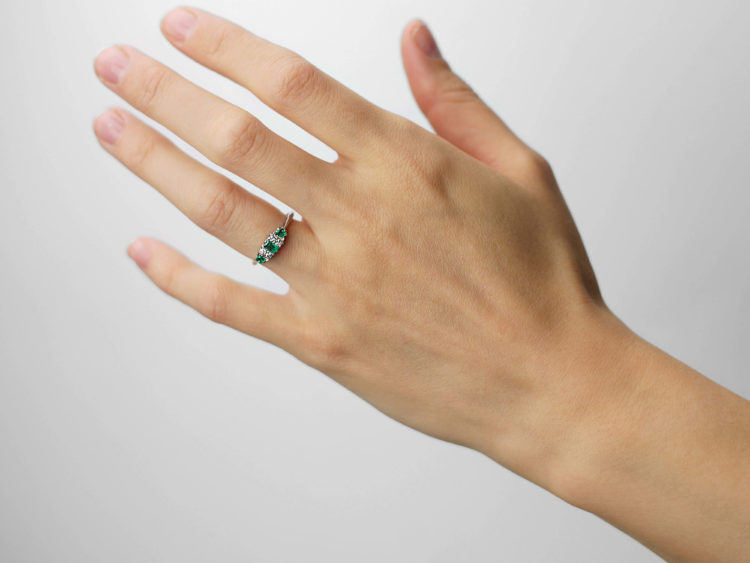Art Deco Platinum, Three Stone Emerald & Diamond Ring
