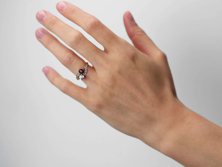 Edwardian 14ct Gold, Diamond & Ruby Crossover Ring