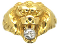 French 18ct Gold Belle Epoque Lion Ring set with a Diamond