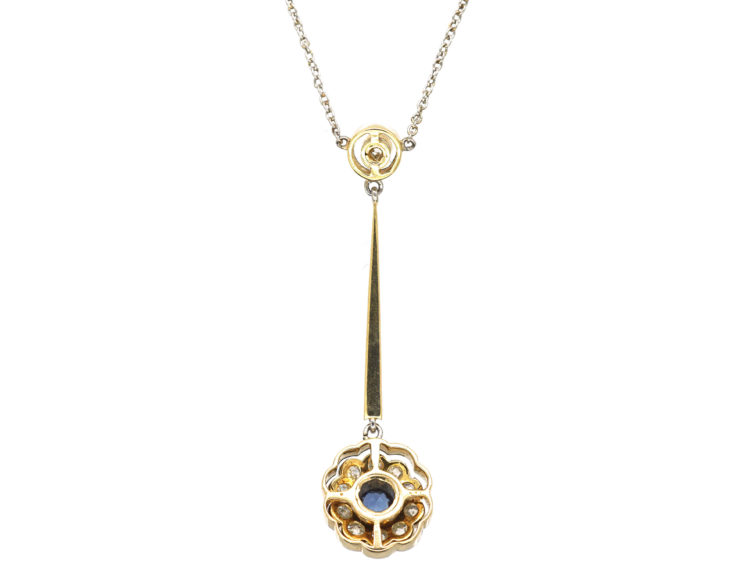 Edwardian 15ct Gold & Platinum, Sapphire & Diamond Drop Pendant on Platinum Chain