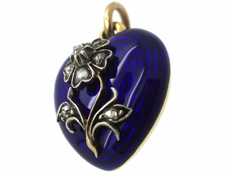 Victorian Blue Enamel & Rose Diamond Forget me Not Heart Pendant with Locket Back
