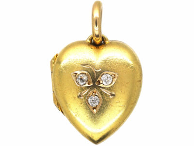 Edwardian 15ct Gold Heart Shaped Locket set with Three Diamonds