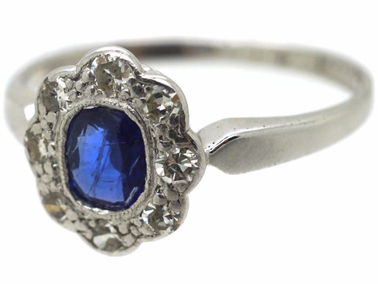 Edwardian 18ct White Gold & Platinum, Sapphire & Diamond Oval Cluster Ring