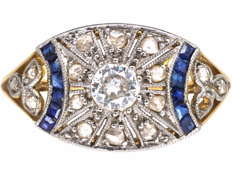 Art Deco 18ct Gold & Platinum, Sapphire & Diamond Geometric Ring