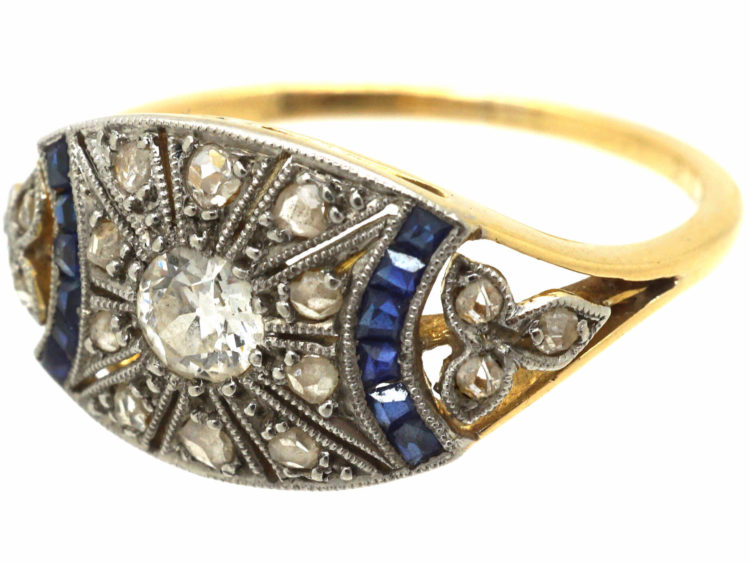 Art Deco 18ct Gold & Platinum, Sapphire & Diamond Geometric Ring