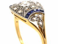 Art Deco 18ct Gold & Platinum, Sapphire & Diamond Geometric Ring