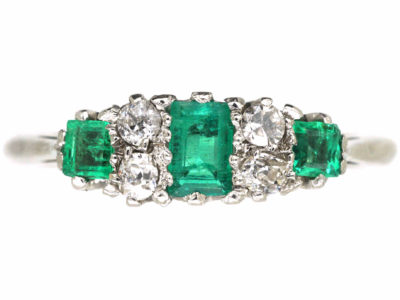 Art Deco Platinum, Three Stone Emerald & Diamond Ring