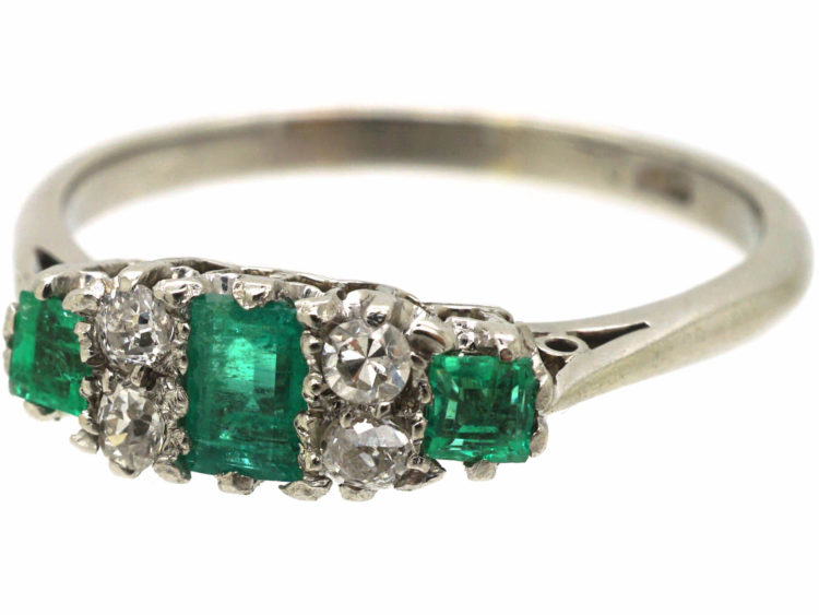 Art Deco Platinum, Three Stone Emerald & Diamond Ring