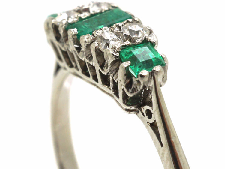 Art Deco Platinum, Three Stone Emerald & Diamond Ring