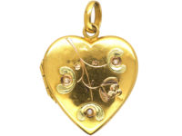 Art Nouveau 18ct Two Colour Gold Heart Shaped Mistletoe Motif Locket set with Three Natural Split Pearls