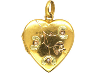 Art Nouveau 18ct Two Colour Gold Heart Shaped Mistletoe Motif Locket set with Three Natural Split Pearls Art Nouveau 18ct Two Colour Gold Heart Shaped Mistletoe Motif Locket set with Three Natural Split Pearls