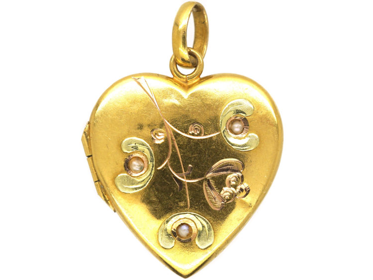 Art Nouveau 18ct Two Colour Gold Heart Shaped Mistletoe Motif Locket set with Three Natural Split Pearls