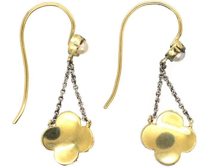 Edwardian 15ct Gold & Platinum, Natural Split Pearl & Diamond Drop Earrings