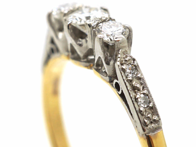 18ct Gold & Platinum, Three Stone Diamond Ring with Diamond Set Shoulders