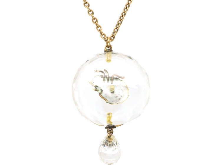 Edwardian Rock Crystal Pendant with an Enamelled Ladybird on 9ct Gold Chain