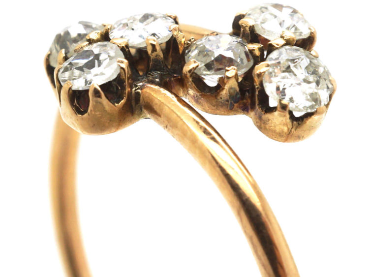 Edwardian 14ct Gold Double Clover Crossover Ring set with Diamonds