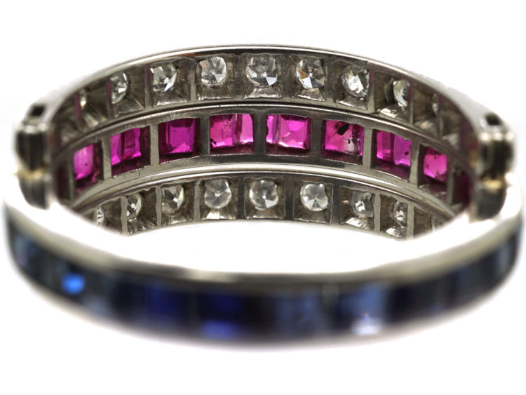 Art Deco 18ct White Gold, Sapphire Diamond & Ruby Flip Over Ring
