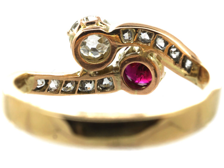 Edwardian 14ct Gold, Diamond & Ruby Crossover Ring