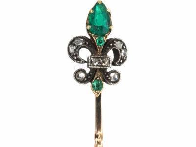 French 18ct Gold, Emerald & Rose Diamond Fleur de Lys Tie Pin