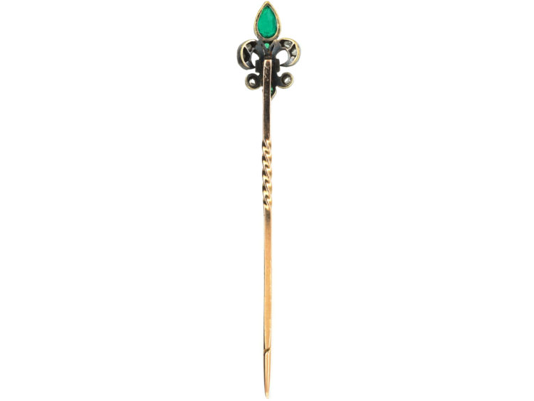 French 18ct Gold, Emerald & Rose Diamond Fleur de Lys Tie Pin