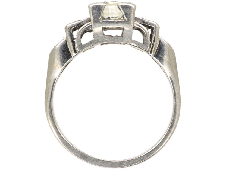 Art Deco Platinum Diamond Solitaire Ring with Step Cut Diamond Set Shoulders