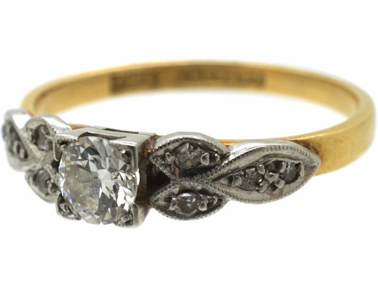 Art Deco 18ct Gold & Platinum, Diamond Solitaire Ring with Diamond Set Shoulders