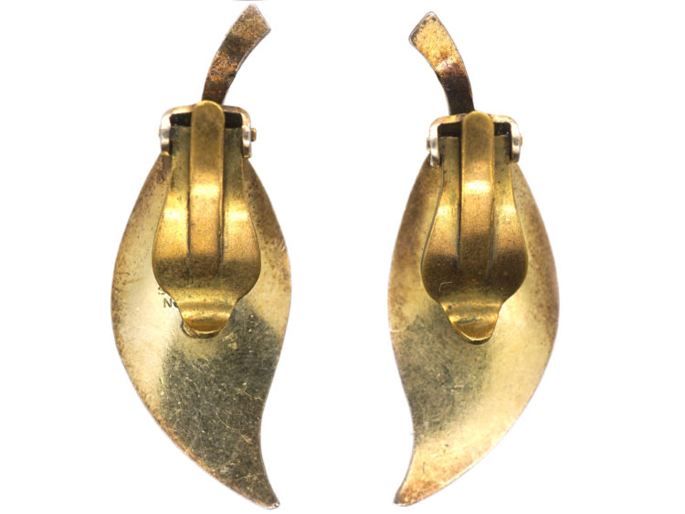 Silver & Blue Enamel Clip On Leaf Earrings by David Andersen