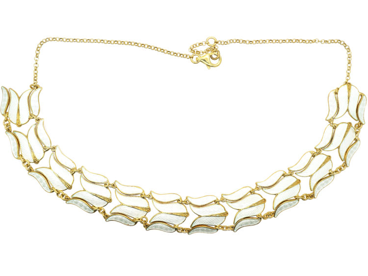 Retro Gilded Silver & White Enamel Tulip Design Necklace by Asbjorn Burkelund