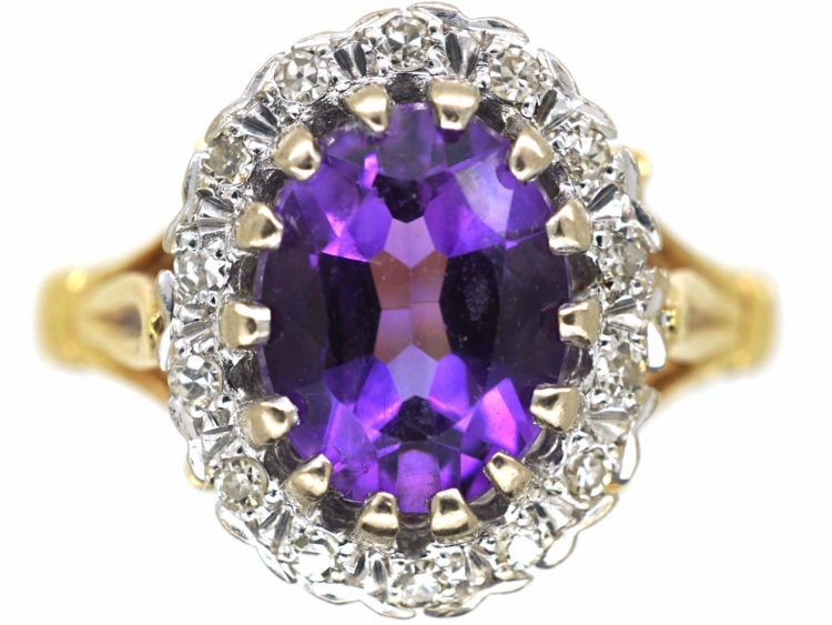 18ct Gold, Amethyst & Diamond Cluster Ring