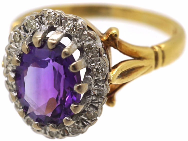 18ct Gold, Amethyst & Diamond Cluster Ring