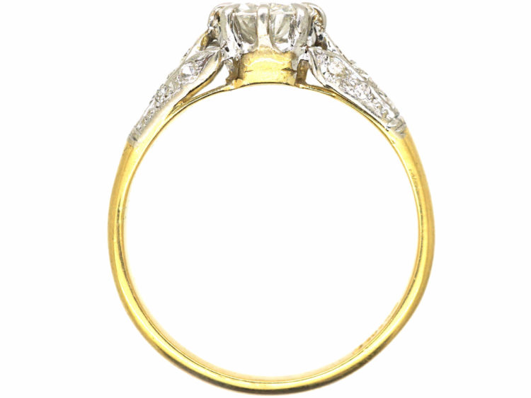 Art Deco 18ct Gold & Platinum, Diamond Solitaire Ring with Diamond Three Leaf Shoulders