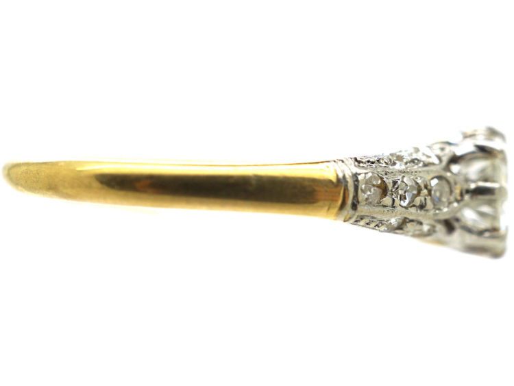 Art Deco 18ct Gold & Platinum, Diamond Solitaire Ring with Diamond Three Leaf Shoulders