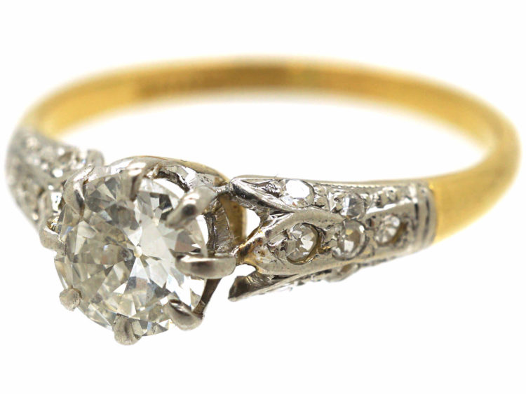 Art Deco 18ct Gold & Platinum, Diamond Solitaire Ring with Diamond Three Leaf Shoulders