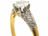 Art Deco 18ct Gold & Platinum, Diamond Solitaire Ring with Diamond Three Leaf Shoulders
