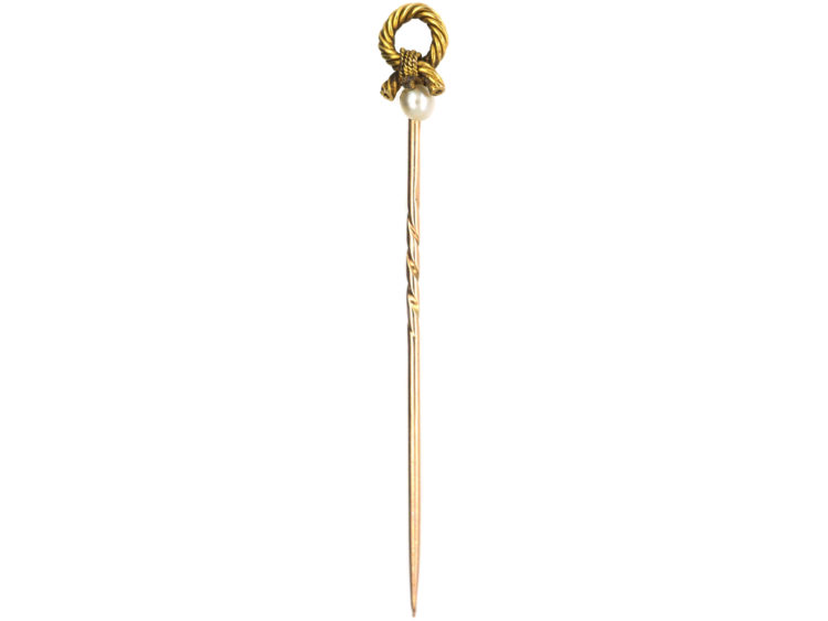Edwardian 15ct Gold Knot Tie Pin set with a Natural Pearl