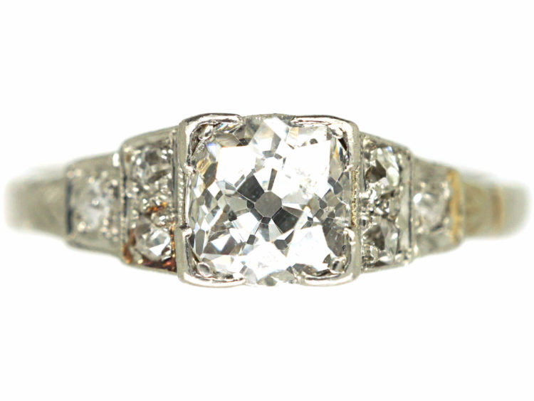 Art Deco Platinum & Diamond Solitaire Ring with Step Cut Diamond Shoulders