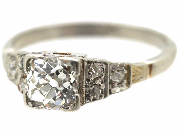 Art Deco Platinum & Diamond Solitaire Ring with Step Cut Diamond Shoulders