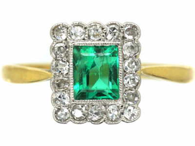 Art Deco 18ct Gold & Platinum, Emerald & Diamond Rectangular Shaped Ring