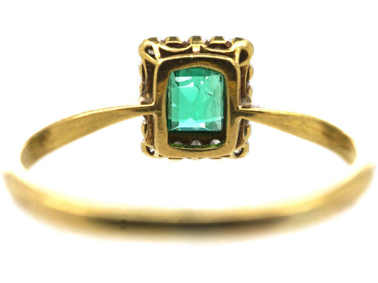 Art Deco 18ct Gold & Platinum, Emerald & Diamond Rectangular Shaped Ring