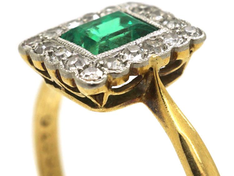 Art Deco 18ct Gold & Platinum, Emerald & Diamond Rectangular Shaped Ring