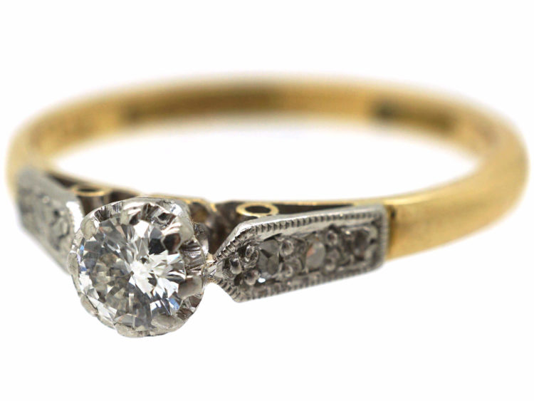 18ct Gold & Platinum, Diamond Solitaire Ring with Diamond Set Shoulders