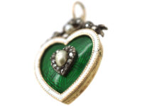 Edwardian 15ct Gold Green & White Enamel Heart Pendant with Rose Diamond & Natural Split Pearl Heart Centre