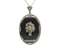 Art Deco Silver, Onyx & Marcasite Pendant with Flower Basket Motif on Silver Chain